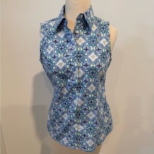 Blue and White Fitted Sleeveless Button Down Top, NWOT